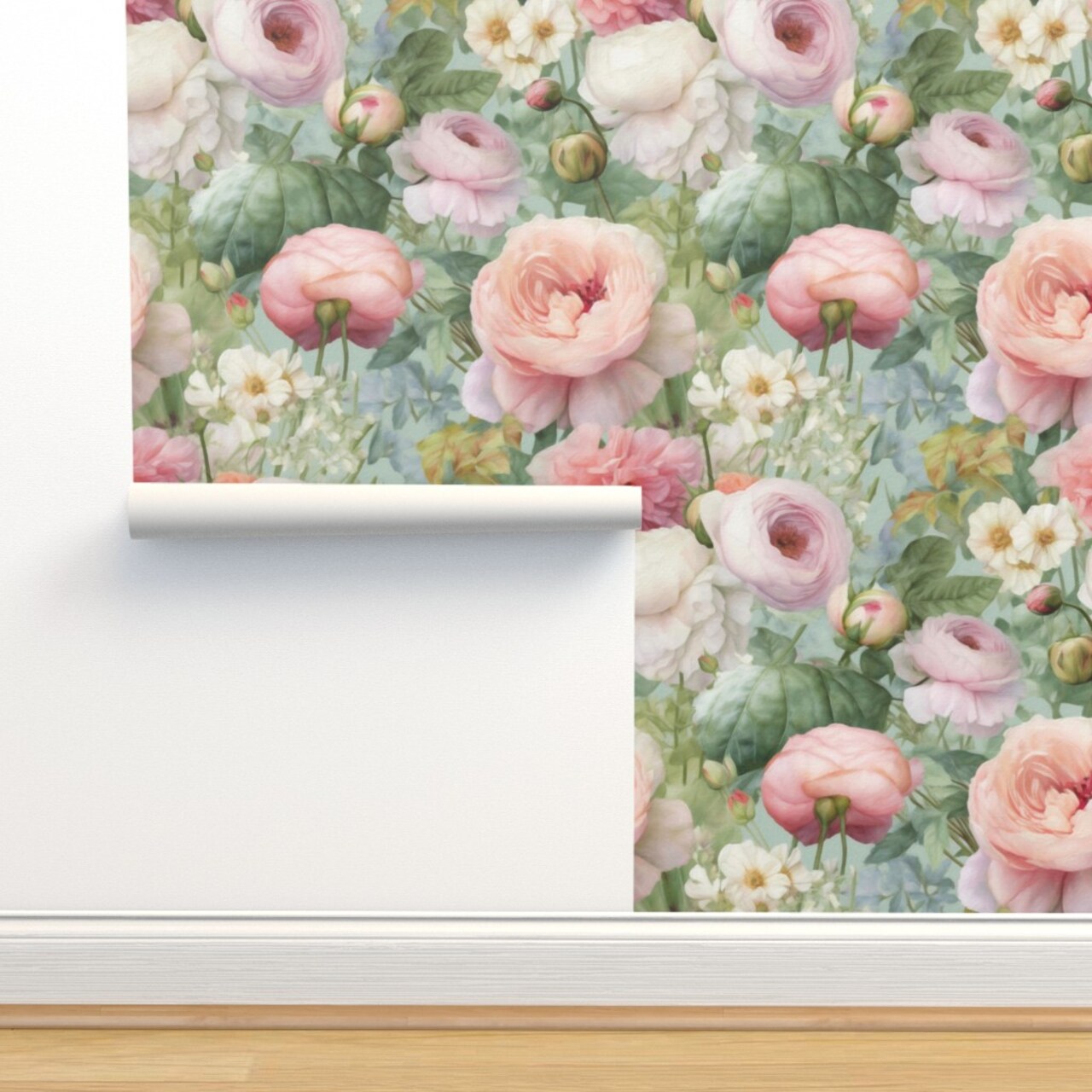 Cottagecore Watercolor Peonies Roses Cosmos Botanical Bouquet Garden Floral Flowers Custom Pre-pasted Wallpaper by Spoonflower Pre-Pasted Wallpaper 2FT Wide